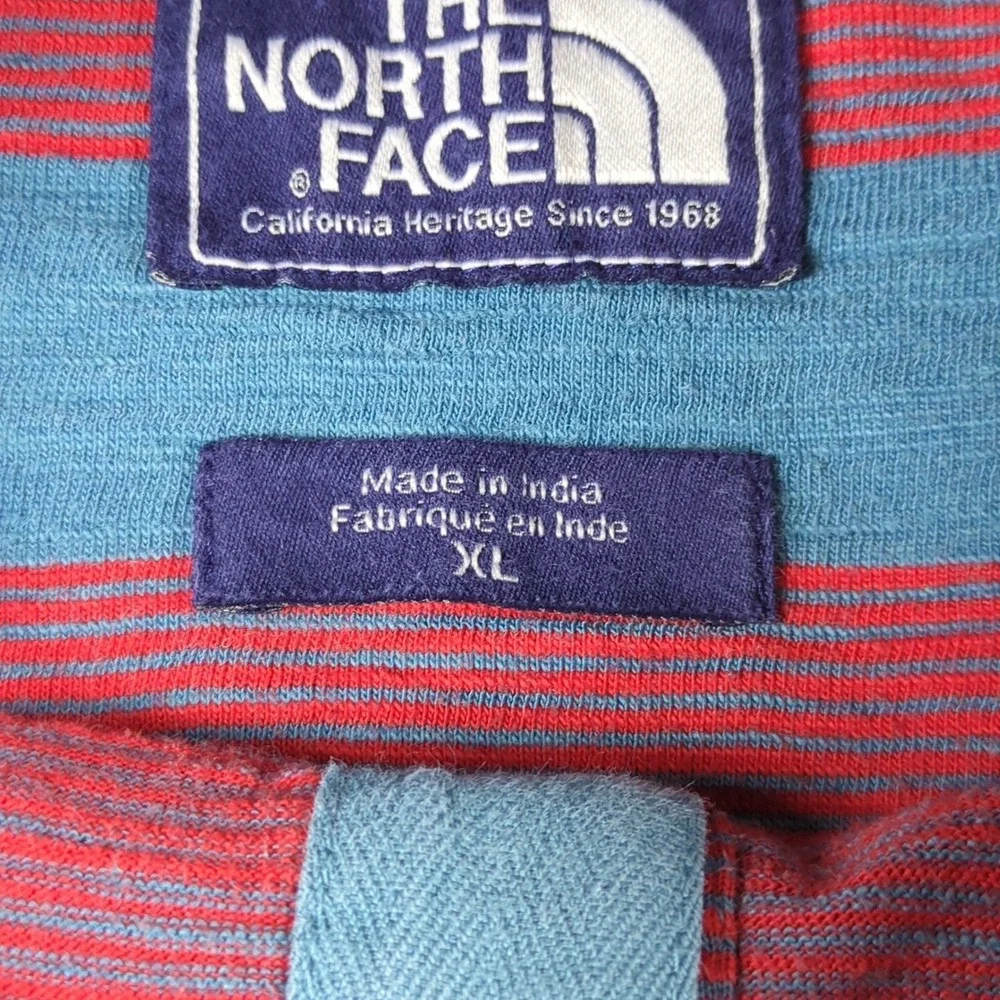The North Face Polo Shirt Mens Extra Large Red Blue Striped Chest Pocket Casual